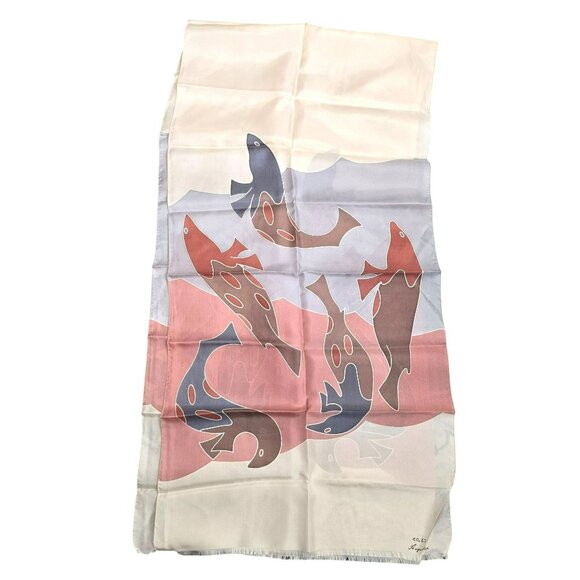 Vintage Hand-Painted Pure Silk Neck Scarf Abstract Fish Design Signed JJ3787 - Picture 7 of 8